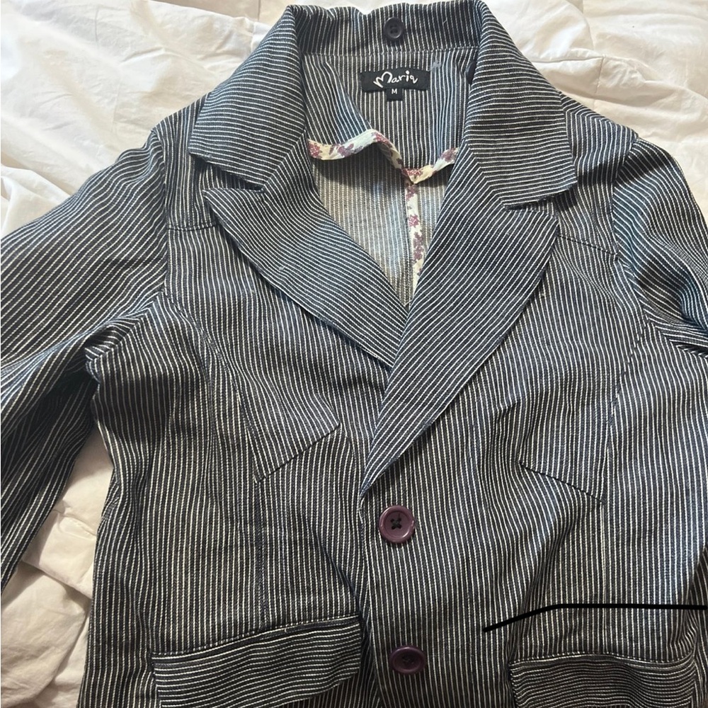 Maria Womens Navy White Pinstripe Blazer Jacket Floral Trim Accent Size M